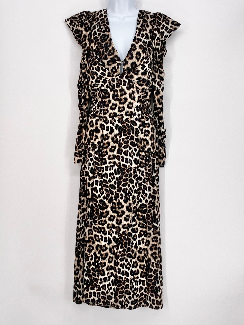 FARM Rio Baby Leopard Long Sleeve Angled Frill Maxi Dress V-Neck Size XS